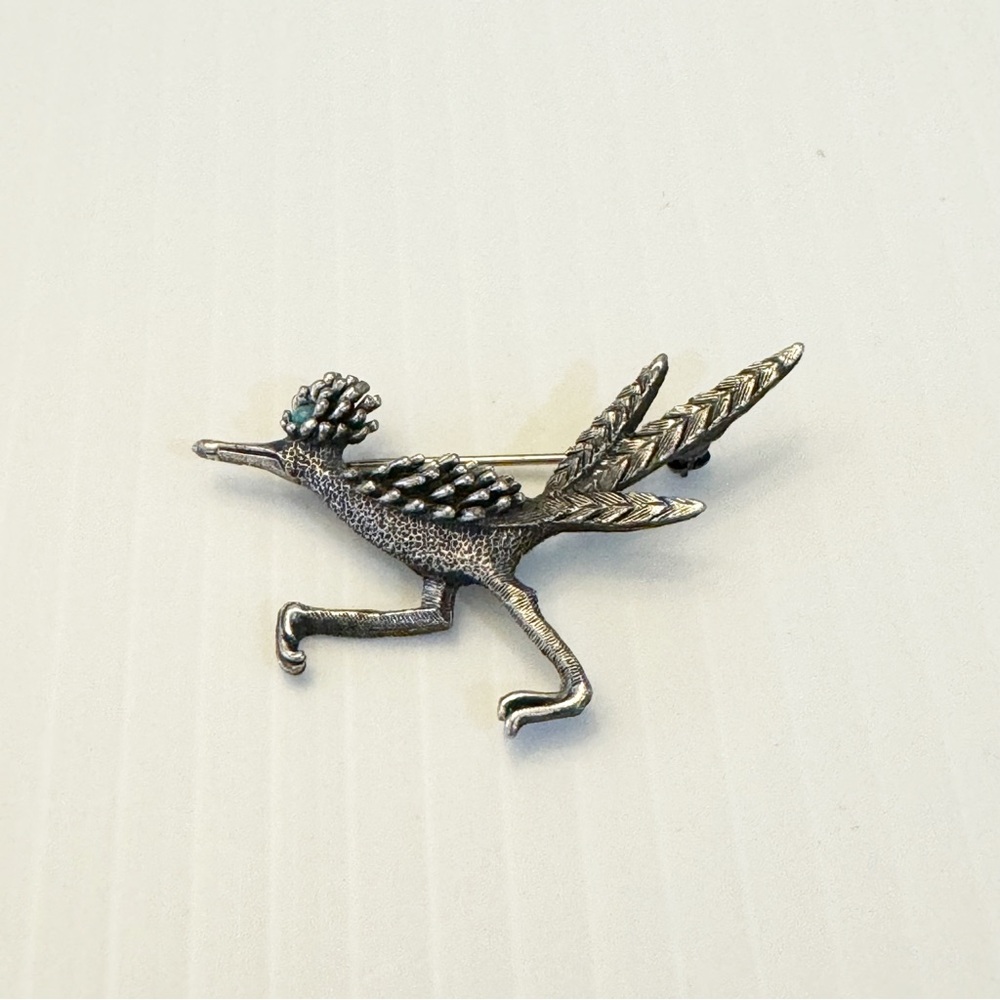 Tortolani Roadrunner Pewter Brooch Silver tone with Turquoise Eye